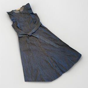 LOFT Chambray Button-Front Belted Midi Dress Ruffle Sleeveless Cottage-core  6